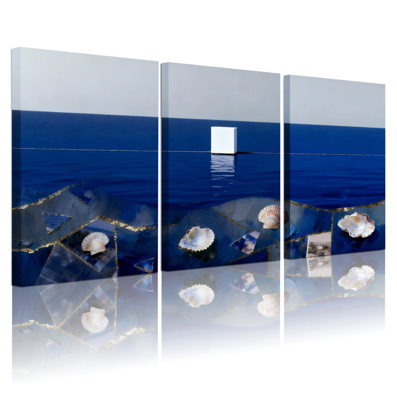 «Ocean Seashell», ensemble de 3 reproductions d'art sur toile tendues, H 24 po x l 48 po