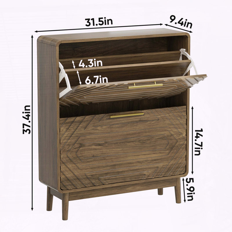 Mid-Century Modern Shoe Cabinet with Geometric Panels and Gold Handles
