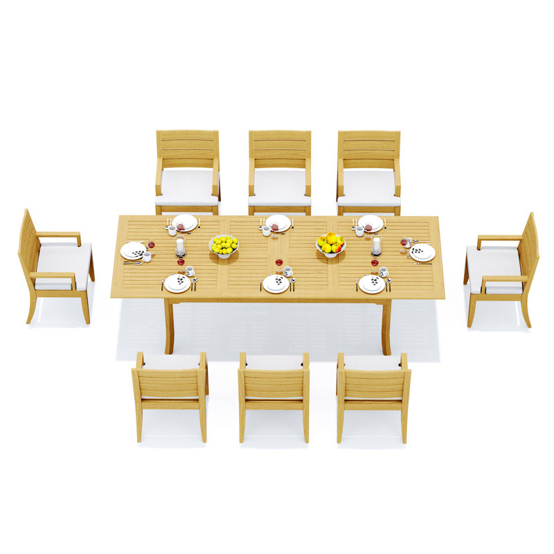 Ensemble de salle à manger 9 pièces en bois de teck de qualité A: table rectangulaire à double extension de 118 po et fauteuils Carleton # 11AT2408
