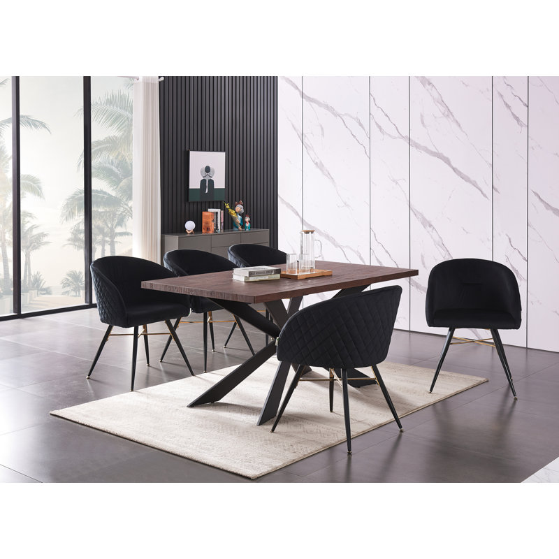 Goddard  6 Person Dining set - a Rectangular Wooden Dining Table with Metal Legs and a Set of 6 Quilted Velvet Dining Chairs for Dining Room - Modern Dining Table Set