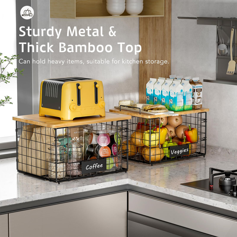 2 Pack Stackable Wire Baskets With Bamboo Top For Pantry Organizers And Storage, XXL Kitchen Organization Counter Basket