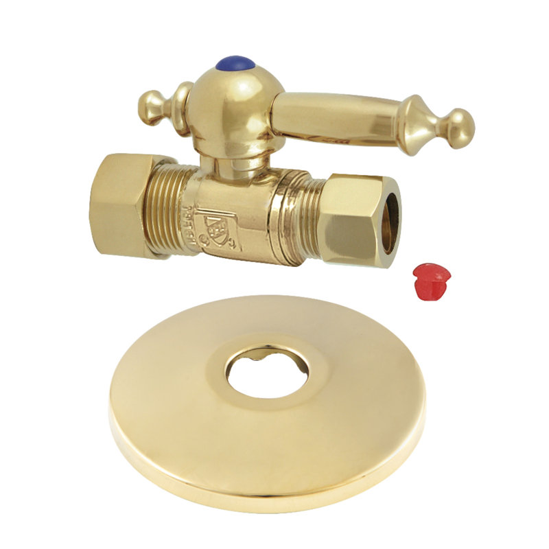 Kingston Brass 5/8-Inch OD Comp x 1/2-Inch OD Comp Quarter-Turn Straight Stop Valve with Flange, Polished Brass