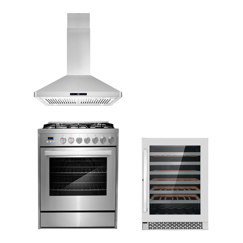 Cosmo 3 Piece Kitchen Appliance Package with 30'' Gas Freestanding Gas Island Range Hood