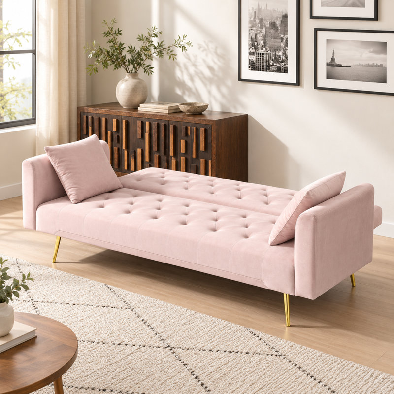 Canapé convertible en velours rose, design rétro 71,03 pouces pour petit salon, chambre à coucher, bureau