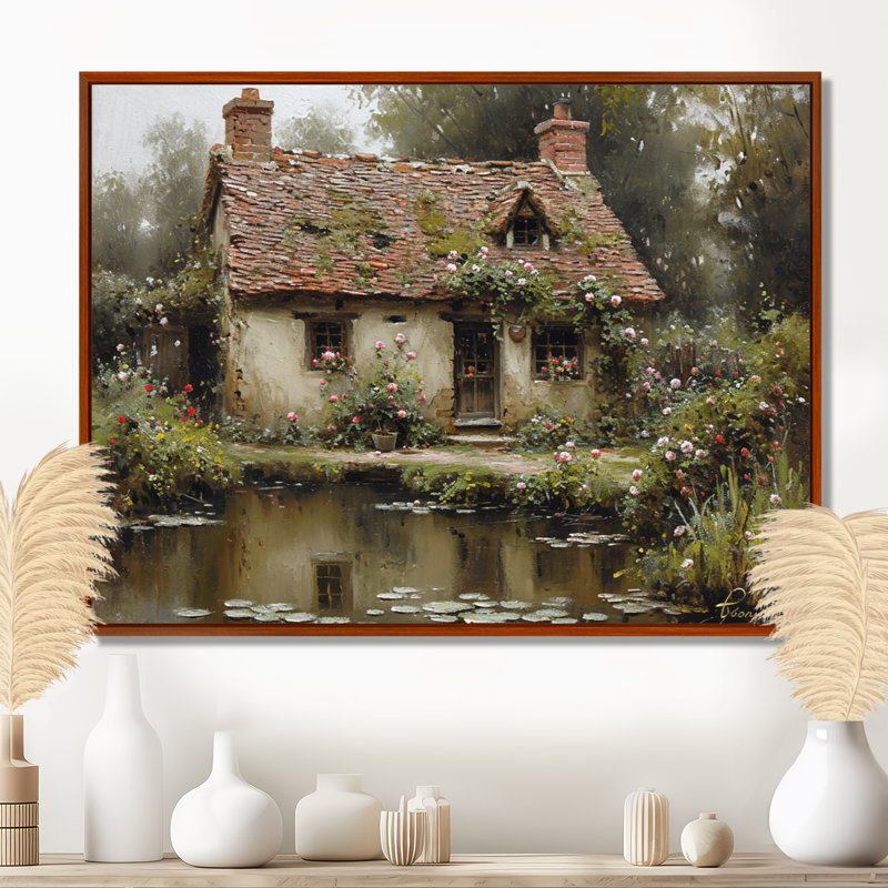 Mystérieuse maison de campagne rustique près de l'étang - impression d'art mural campagne, Toile brune avec cadre flottant