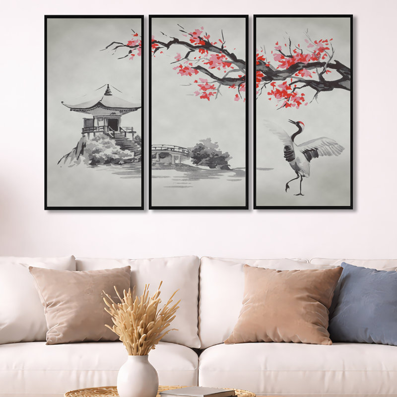 Mont Fuji japonais avec sakura - reproduction de cadre flottant 3 pièces sur toile, Noir, noir, noir, noir