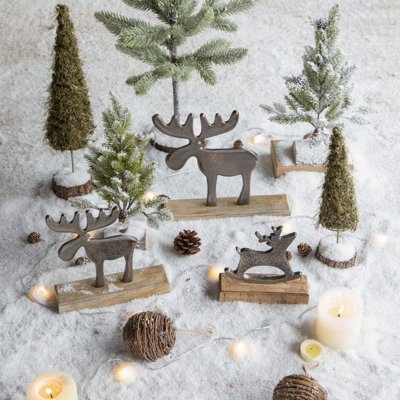 Set Of 2, 13.5 Inch Christmas PVC Trees On Wood Base With Realistic Snow, Perfect For Festive Decor