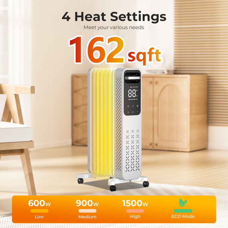 Electactic  1500W Oil Filled Radiator Heater - Remote Control, 4 Modes, Digital Thermostat, Gray