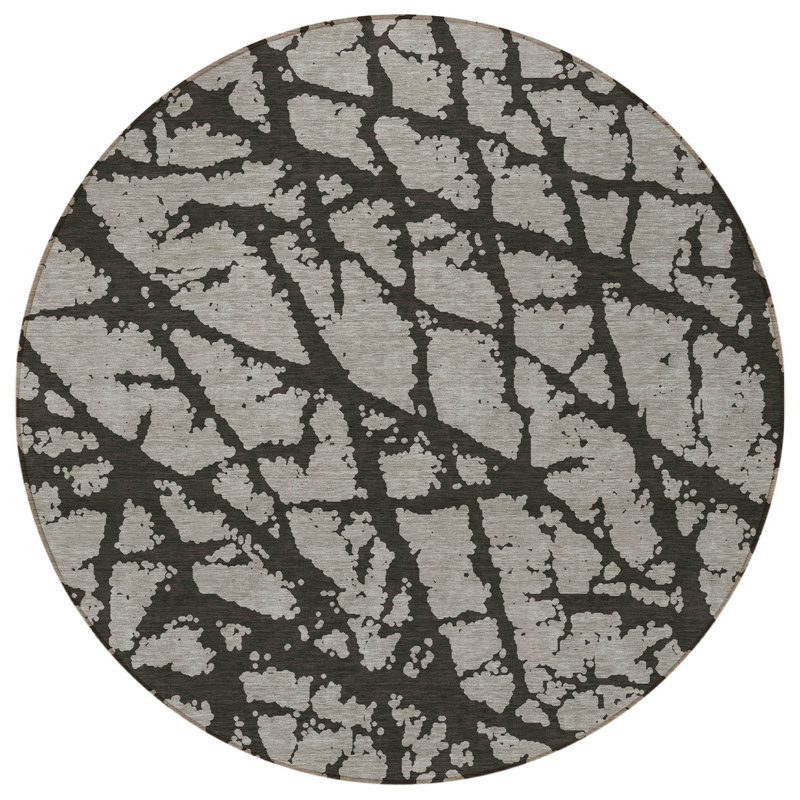 Tapis extérieur rond rond 8 pi gris et noir lavable abstrait antidérapant