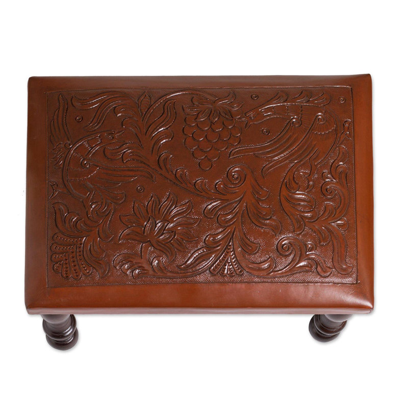 World of Nature Nature-Inspired Leather and Wood Ottoman from Peru