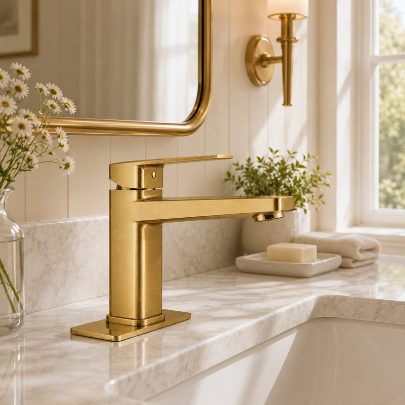 BRAVAT® Single Handle Bathroom Faucet with 6 in. Deck Plate, 1 or 3 Hole, WaterSense 1.2 GPM flow, NEOPERL® aerator, Drip-free cartridge, cUPC, NSF372/61, CEC, DOE Certified, Block-Brushed Gold