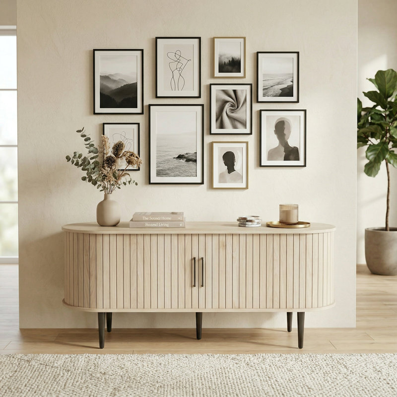 47" Mid-Century Modern Tv Stand With Sliding Door & Storage Cabinet For Living Room, Natural Wood, Natural Wood