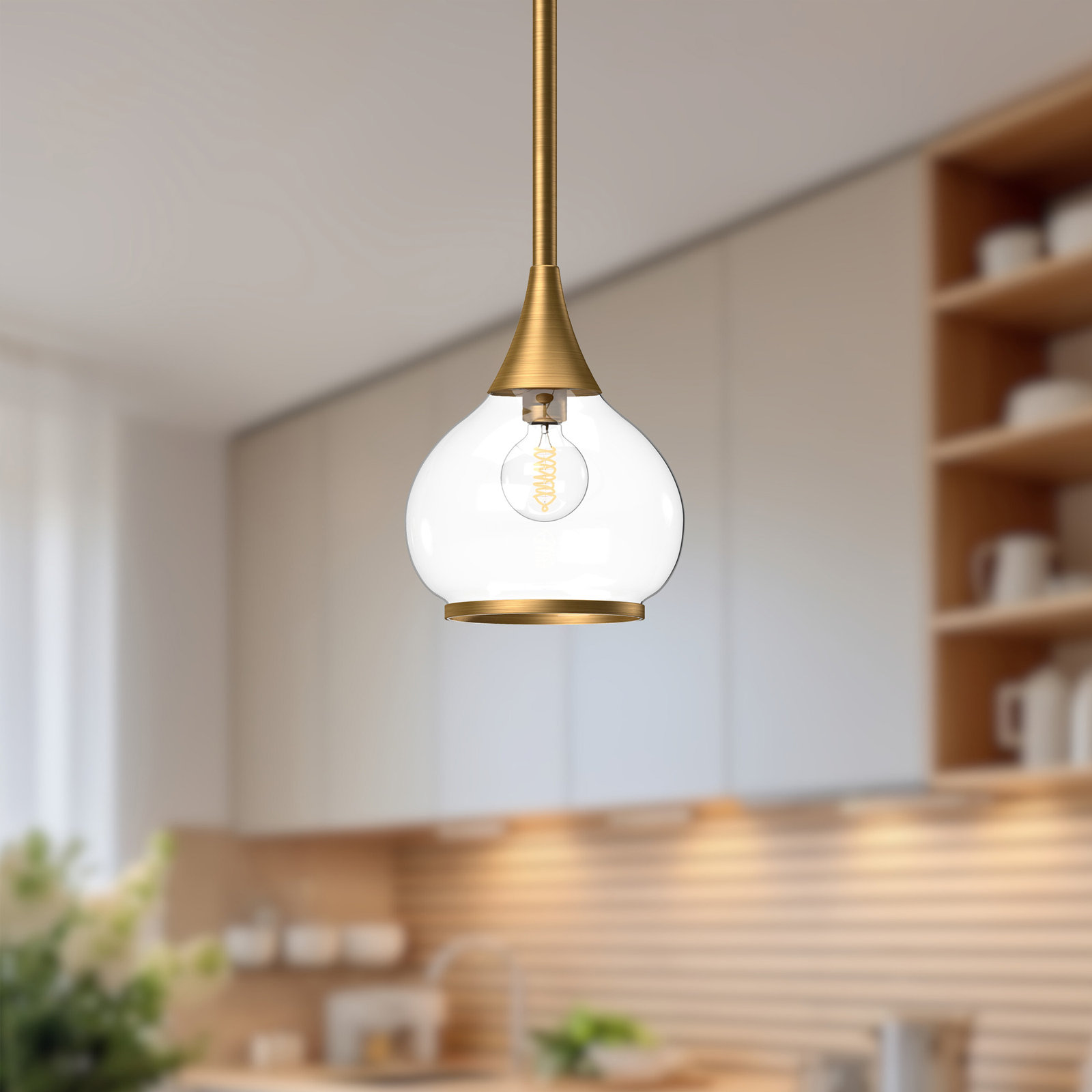 Nieve Single Light Glass Pendant, Clear, Aged Gold
