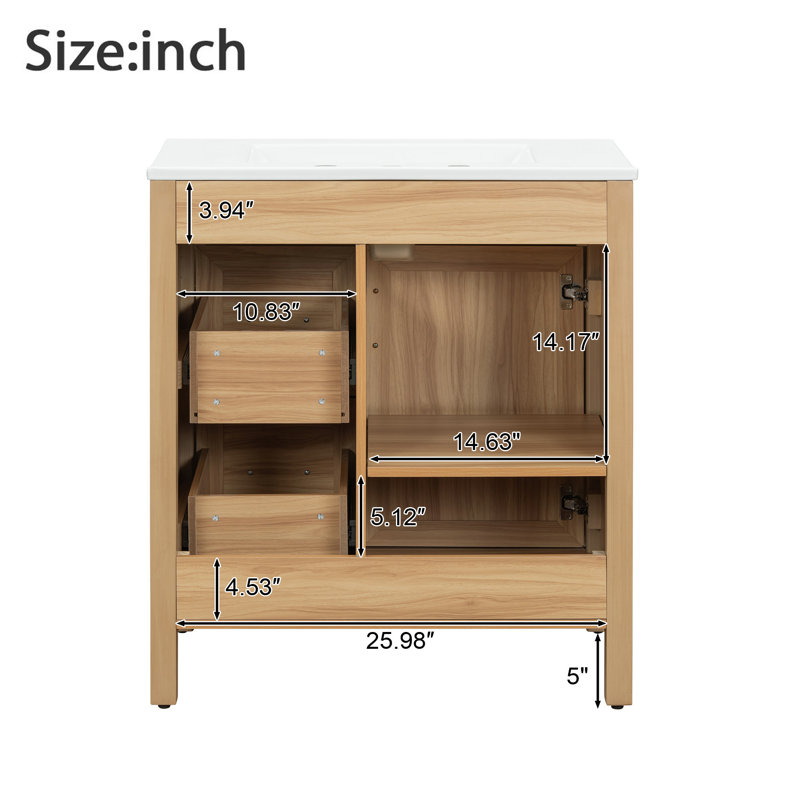 Meuble-lavabo moderne de 30 po avec cadre en bois massif, lavabo en céramique, portes et tiroirs à fermeture en douceur, tablette réglable, armoire de rangement