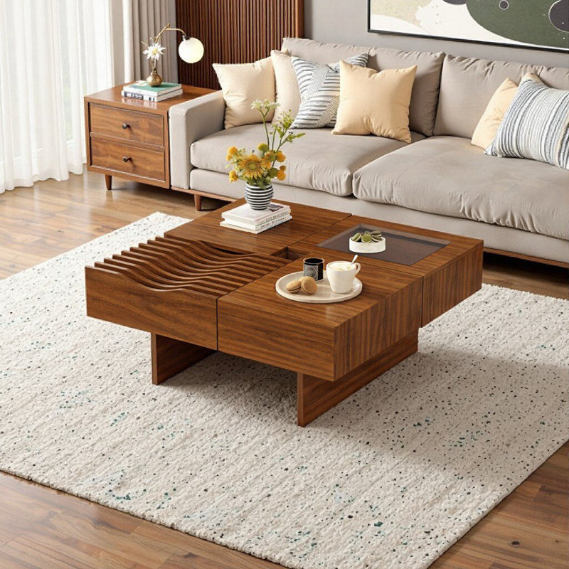 Table basse 33 po Mid-Century moderne: bois massif, 3 tiroirs et verre trempé pour un salon élégant, Brun
