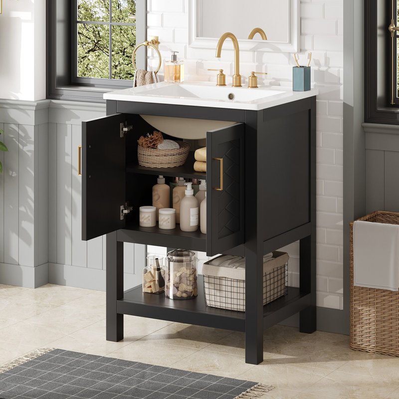 Meuble-lavabo moderne avec design élégant en sergé et charnières à fermeture en douceur, armoire de salle de bain avec structure ouverte au dos, tablette réglable