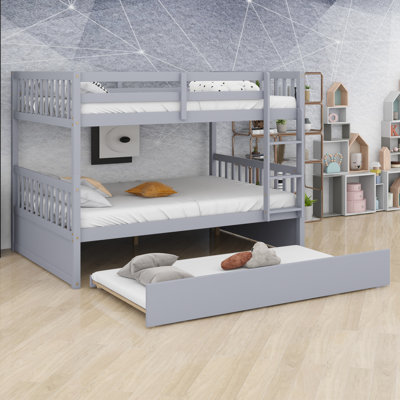 Rubber Wood Bunk Bed With Trundle, Ladder, Guardrails, Convertible To 2 Beds