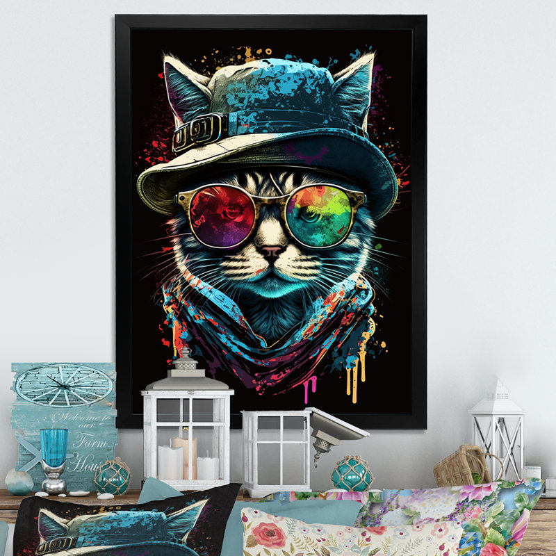 Art mural sur toile Cool Cat avec lunettes de soleil et chapeau I, L 16 po x H 32 po, Cadre noir