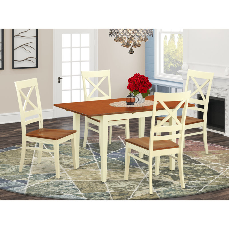 5 Piece Dining Set Includes a Rectangle Dining Room Table with Butterfly Leaf and 4 Wood Seat Chairs, Buttermilk & Cherry