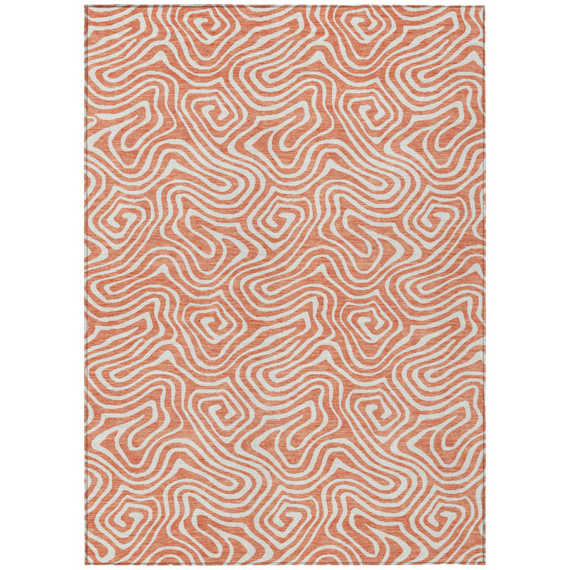 3' X 5' Salmon And Ivory Abstract Washable Indoor Outdoor Area Rug