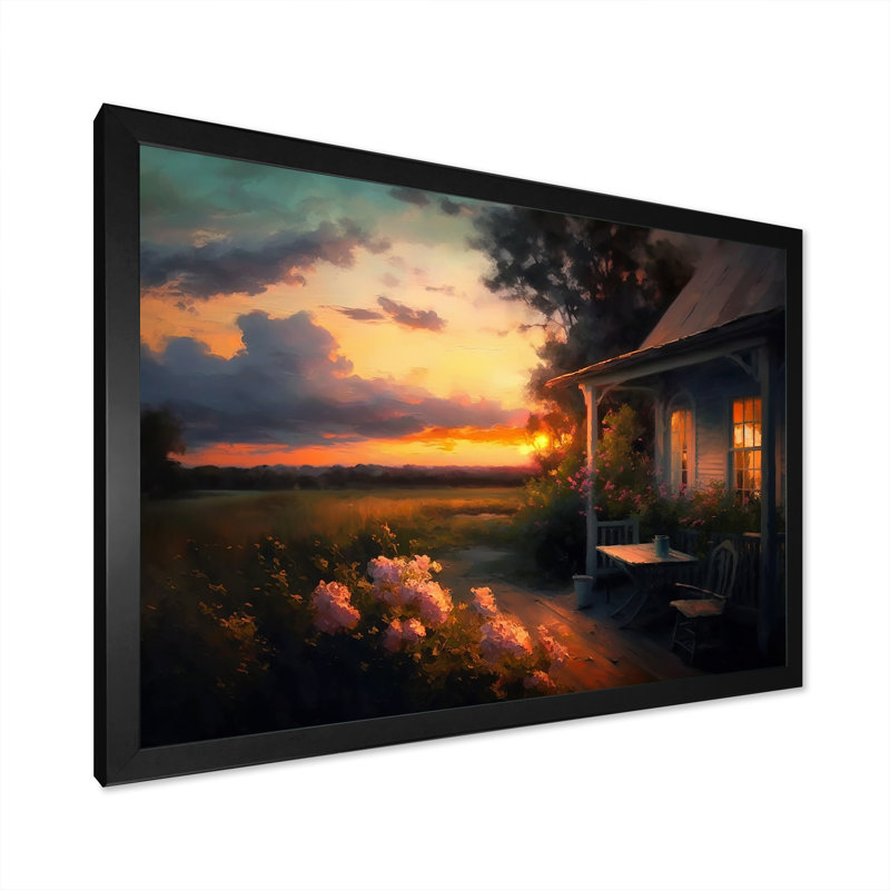 «Warm Summer Sunset at the Cottage Porch», reproduction sur toile, Impression noire sur toile encadrée