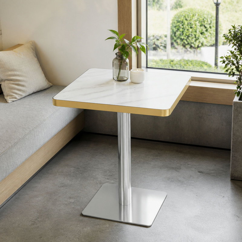 Square Faux White Marble Bistro Table, Modern Dining Table with High Gloss UV Finish & Trim, 300 lbs Heavy Duty Stainless Steel Base, Small Space Table for Home, Cafe, Office