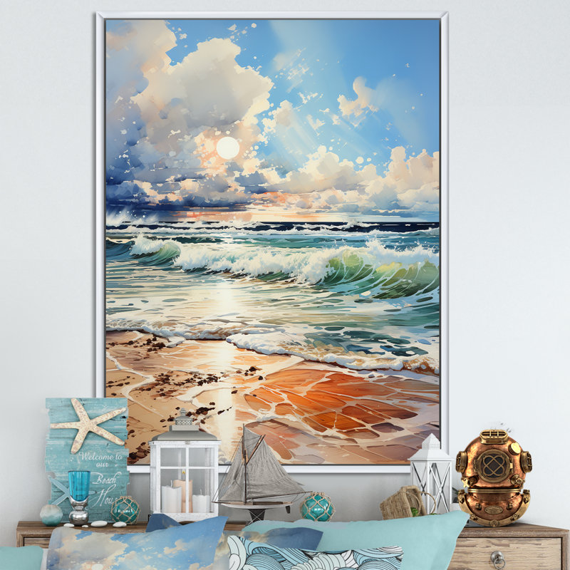 «Coastal Tranquility Horizon» sur toile, Cadre flottant blanc, H 32 po x l 16 po x P 1 po