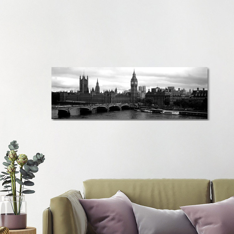 Bridge Across A River, Westminster Bridge, Big Ben, Houses Of Parliament, City Of Westminster, London, England by Panoramic Images - Wrapped Canvas Panoramic Print