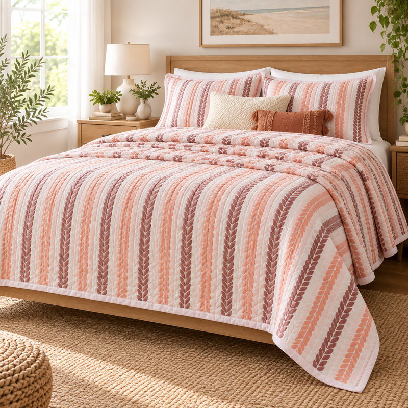 Couvre-lit réversible Lehar rose poudré à rayures feuillues, 100 % coton, 90 po x 108 po, Blush Pink