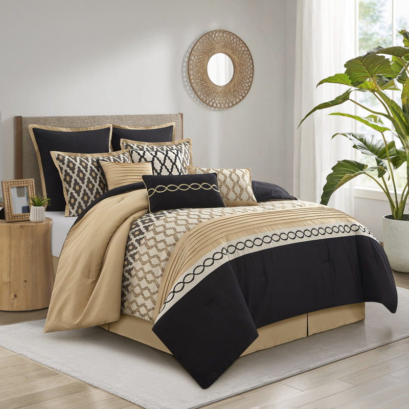 Ensemble d'édredon 10 pièces Caval, Édredon surdimensionné + 9 pièces supplémentai, Noir et or