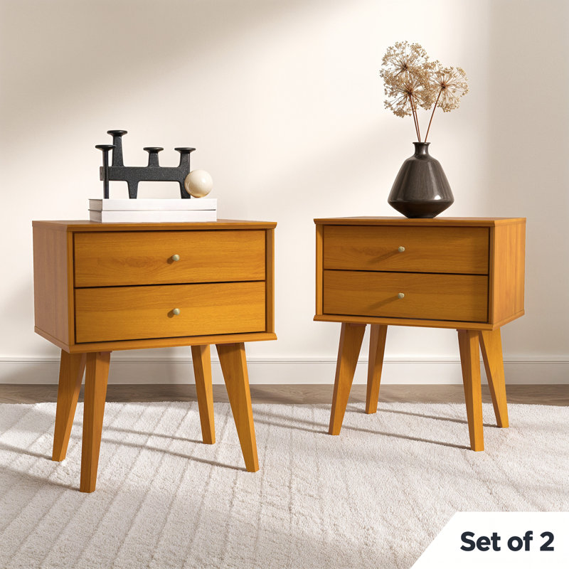  Branquinha 22" H Mid Century 2 Drawer Nightstand (Set of 2), Amber Walnut, Set of 2