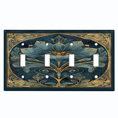 Metal Light Switch Plate Cover; US Standard Size 4 Gang Toggle - Elegant Art Nouveau Flower