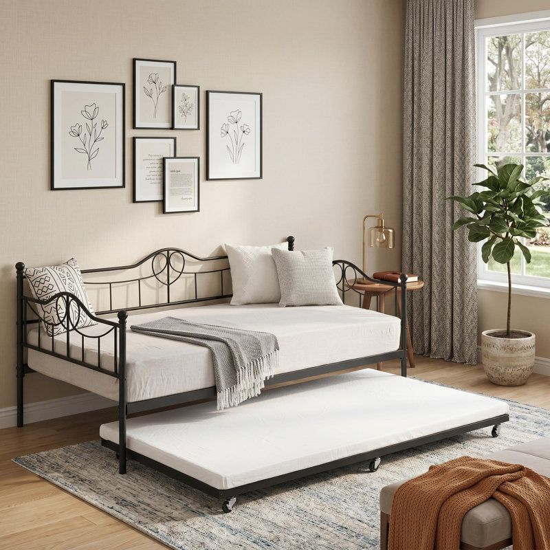 Lit de jour moderne en métal avec lit gigogne escamotable, Black