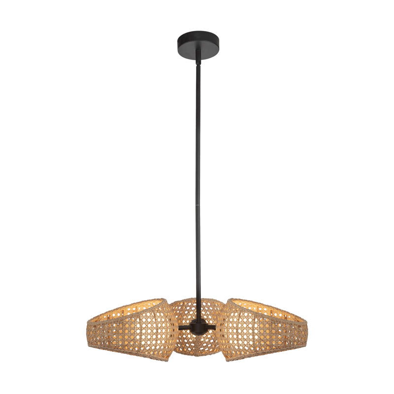 Lanai Matte Black and Rattan LED Chandelier with Opal Glass