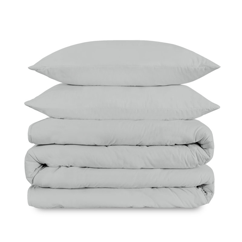 100% Cotton 400TC Cool & Crisp Percale Duvet Set, Queen Duvet Cover + 2 Shams, Light Gray
