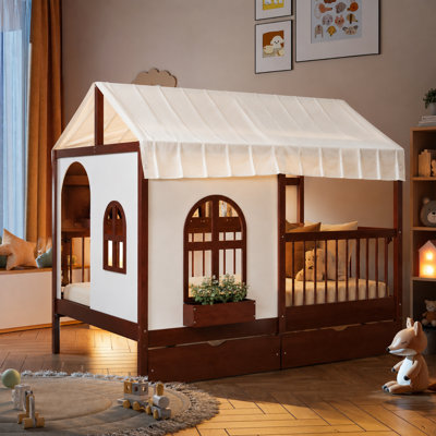 Full Size House Bed, Built-In Storage Drawers, Wood, Tent Canopy Roof, Modern Farmhouse, Kids Bedroom