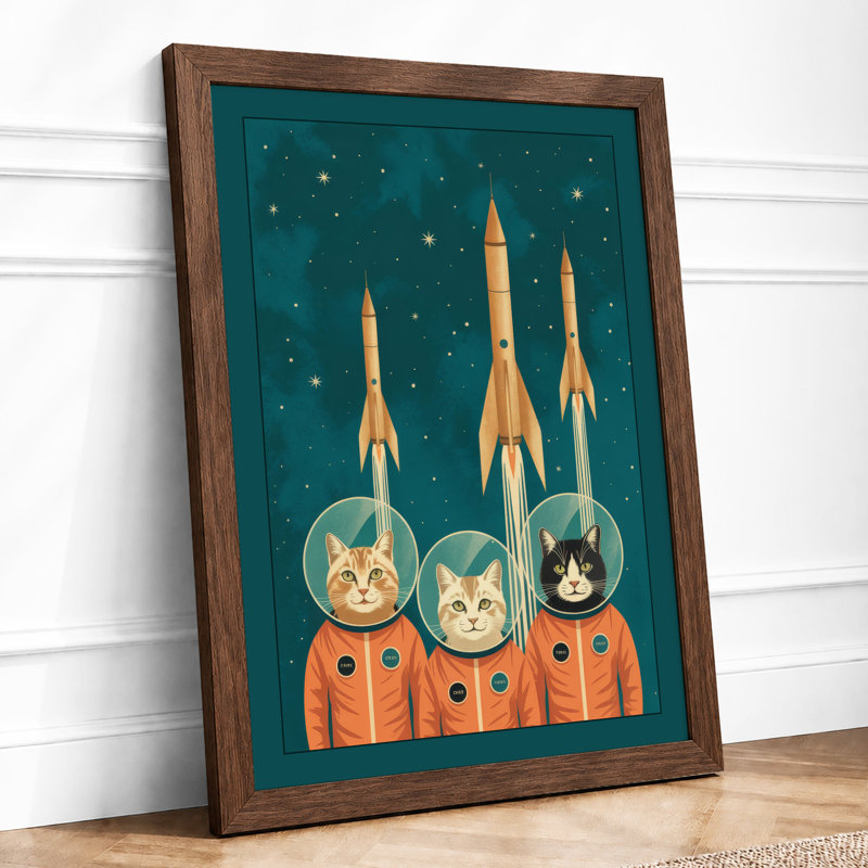 Astronauts and Golden Rockets Mid-Century - Framed Print, A1 - 84.1 x 59.4 cm, Walnut