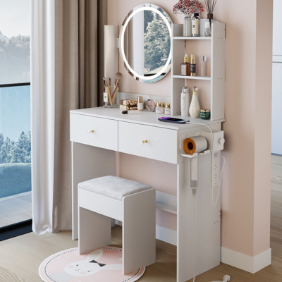 17" Round Led Mirror Vanity Table , Adjustable 3 - Color Brightness, Touch Switch, Built In 2 Ac + 1 Type C Sockets, Big Mirror, High Capacity Storage, American Design, White Arrangement Setup With