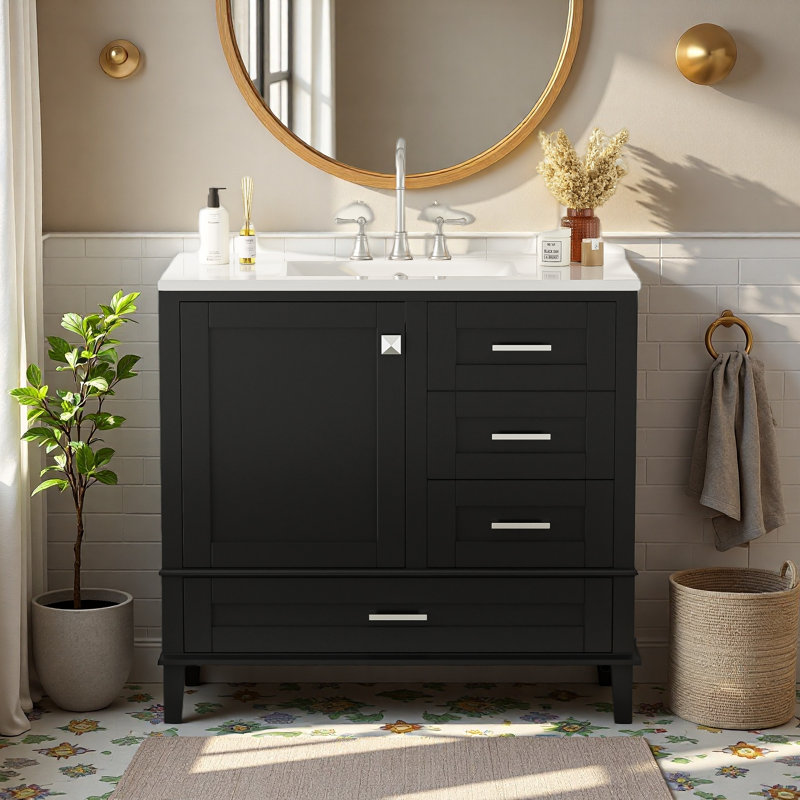 Meuble-lavabo 36 po avec cadre en pin massif, Noir, Argent argent