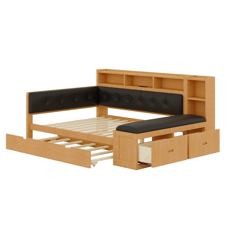 Daybed with Trundle, Storage Shelves, Bench, Charging Station and Upholstered Headboard, Natural Color+Black Cushion