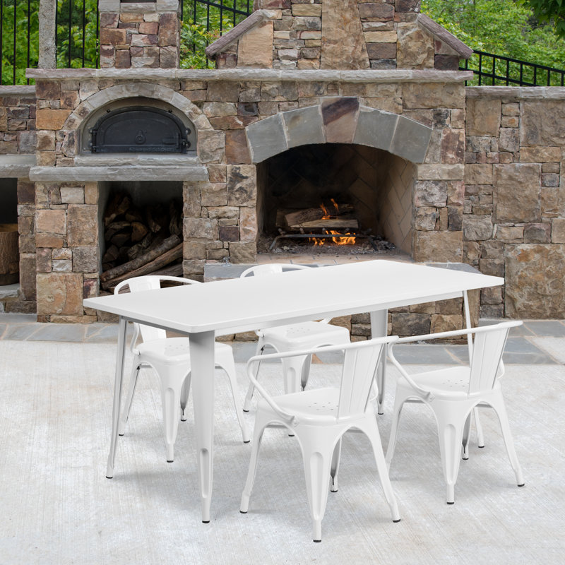Lubron 31.5'' x 63'' Rectangular Metal Indoor-Outdoor Table Set with 4 Arm Chairs, White, 5