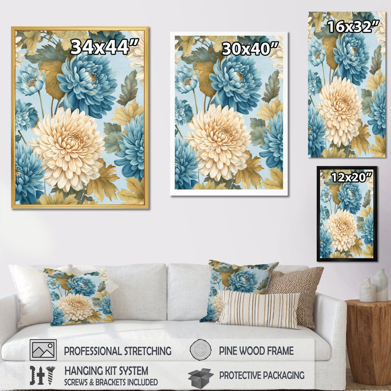 «White and Blue Chrysanthemums Symphony I», reproduction sur toile, Cadre doré simple, H 40 po x l 30 po x P 1,5 po