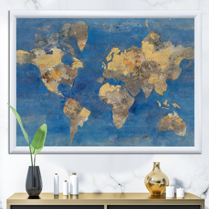 « golden glam world map », reproduction d’image sur toile, H 36 po x l 46 po x P 1,5 po, Cadre blanc