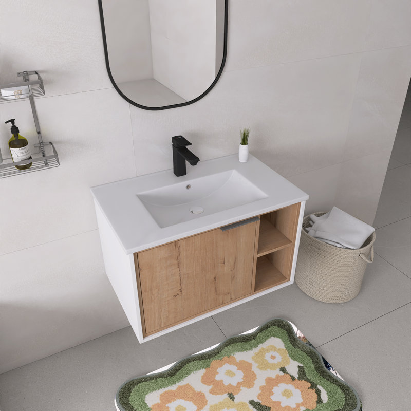 Ensemble de meuble-lavabo mural simple 30 po avec plateau en céramique et porte à fermeture en douceur