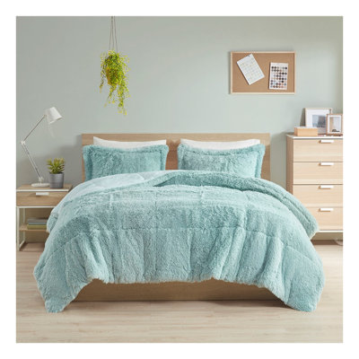 Ensemble d'édredon à poils longs pour grand lit en fausse fourrure moelleuse avec taies assorties, rembourrage en polyester hypoallergénique chaud, bleu