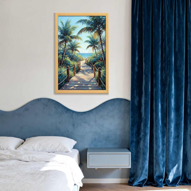 Plantes et fleurs, sentier tropical, palmiers, vue sur l'océan, H 24 po x l 16 po, Toile tendue, Ne s’applique pas