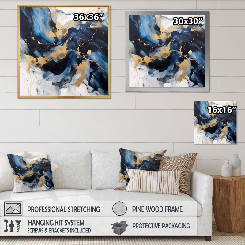 Bleu foncé et coups dorés - Fractales, impressions encadrées, H 36 po x l 36 po, Cadre flottant doré