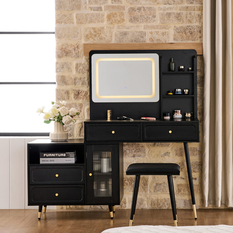 Modern Black Dressing Table With Large Mirror, 3 - Color Lighting, And Adjustable Side Cabinet, Offering Convenient Power Supply Stool Design Compact Lights, Drawer Storage, Built In Outlet, Ideal