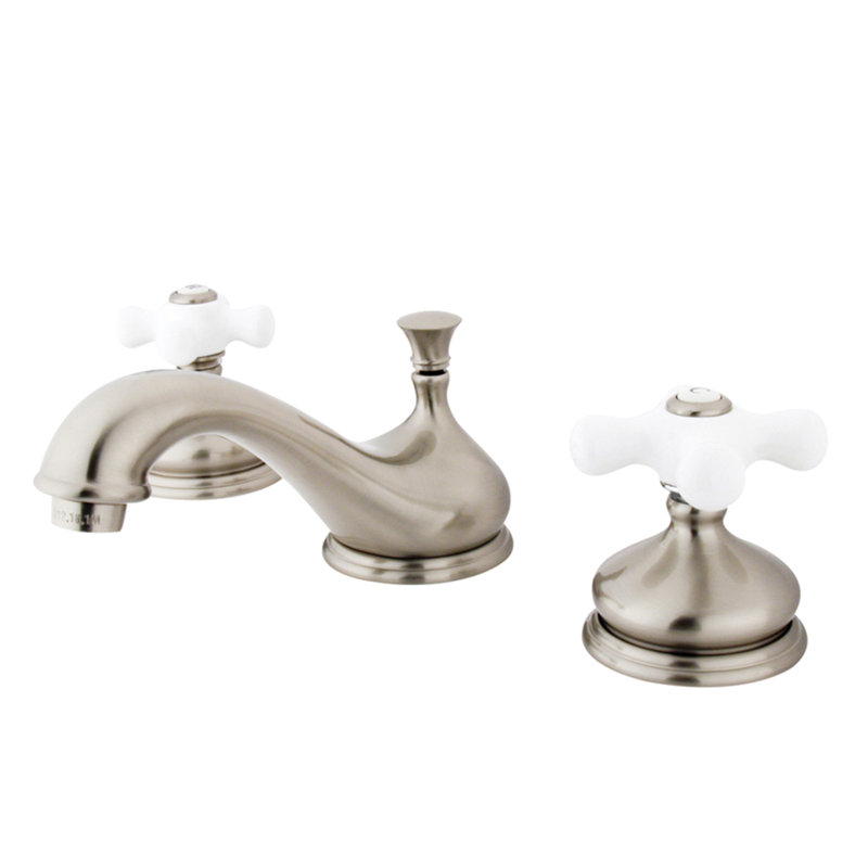 Robinet pour salle de bain espacé avec poignées transversales en porcelaine doubles, Nickel satiné