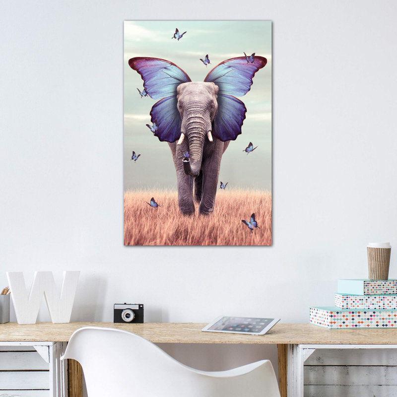 «Elephant Blue Morpho Lenity Mint» par Soaring Anchor Designs - impression d'art graphique, H 40 po x l 26 po x P 1,5 po